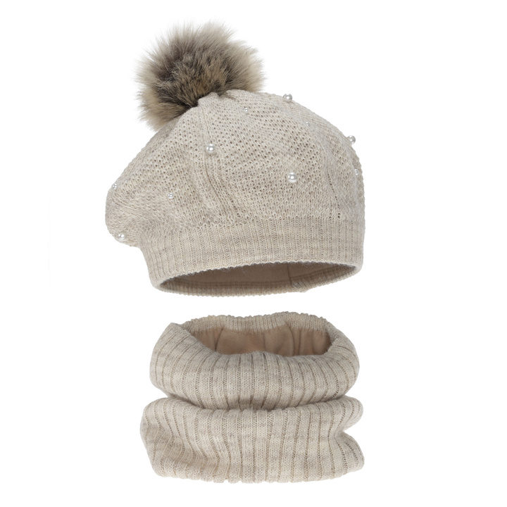 Girl's winter set: beret and tube scarf, beige, cotton lining, with pompom, Jeanette