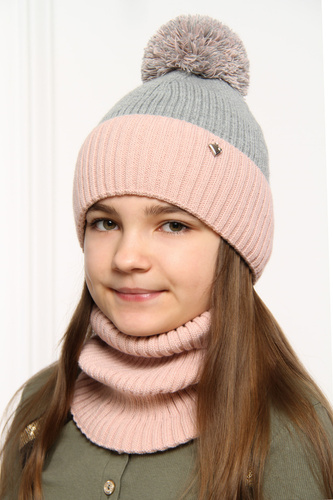Girl's winter set: hat and tube scarf grey Kolumbina with pompom
