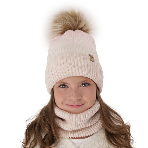 Girl's winter set: hat and tube scarf pink Gimena with pompom
