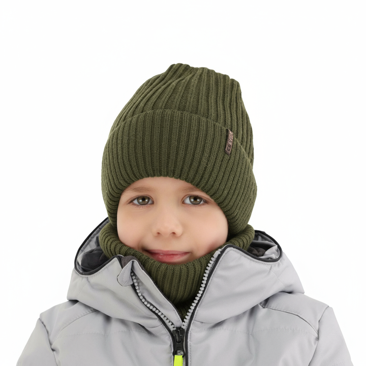 Boy's winter set: hat and tube scarf, khaki, 100% merino wool, Gizmo