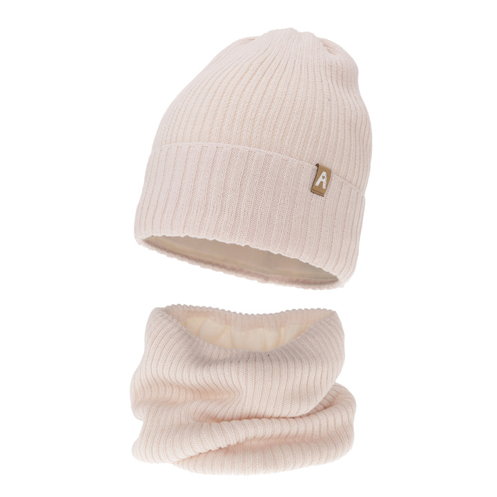 Girl's winter set: hat and tube scarf beige merino wool Peggy