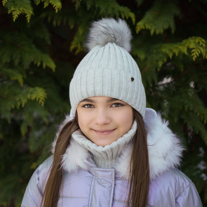 Girl's winter set: hat and tube scarf grey Wilma with pompom