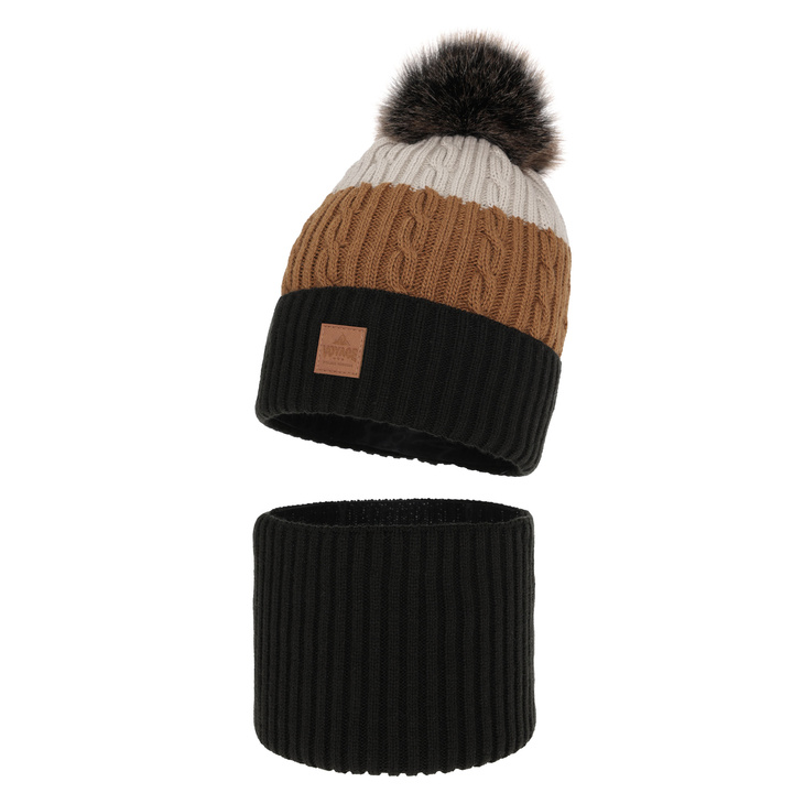 Boy's winter set: hat and tube scarf black with pompom Luxor