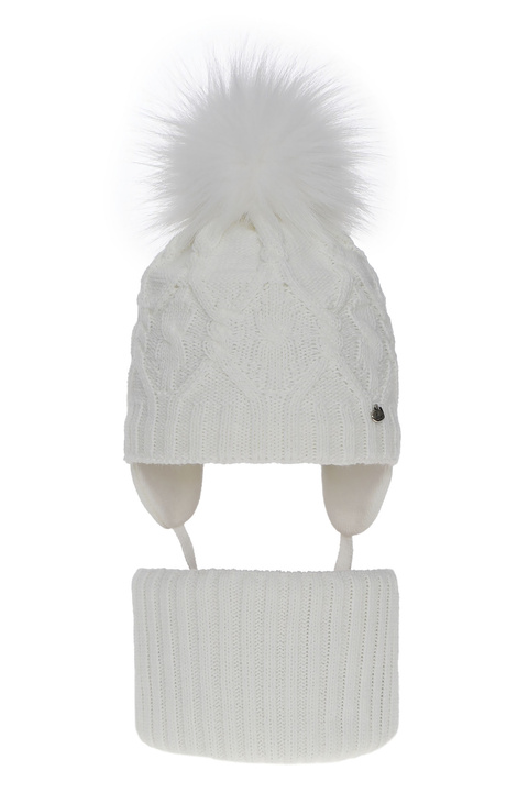 Girl's winter set: hat and tube scarf white Elena with pompom