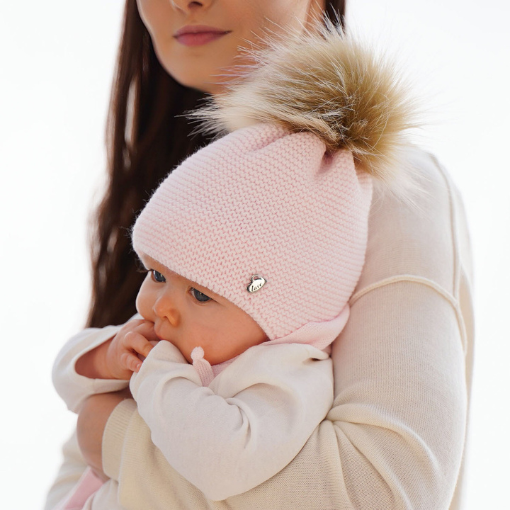 Girl's winter set: hat and scarf white Aimi with pompom