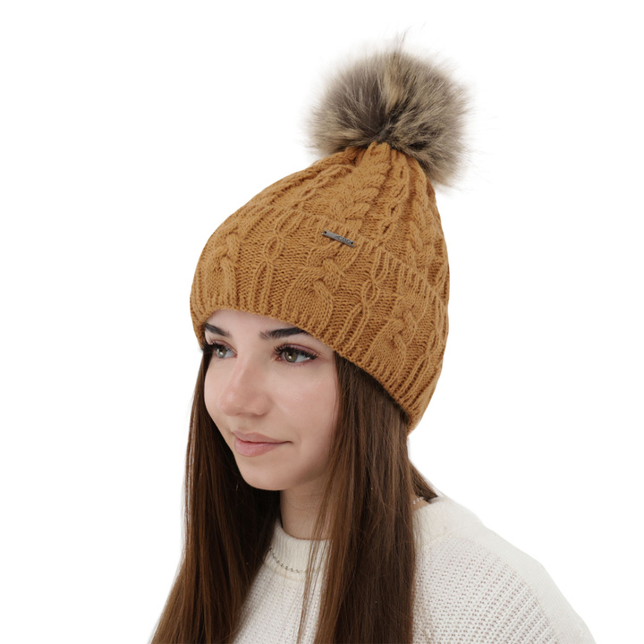 Woman's winter hat camel Omega with pompom