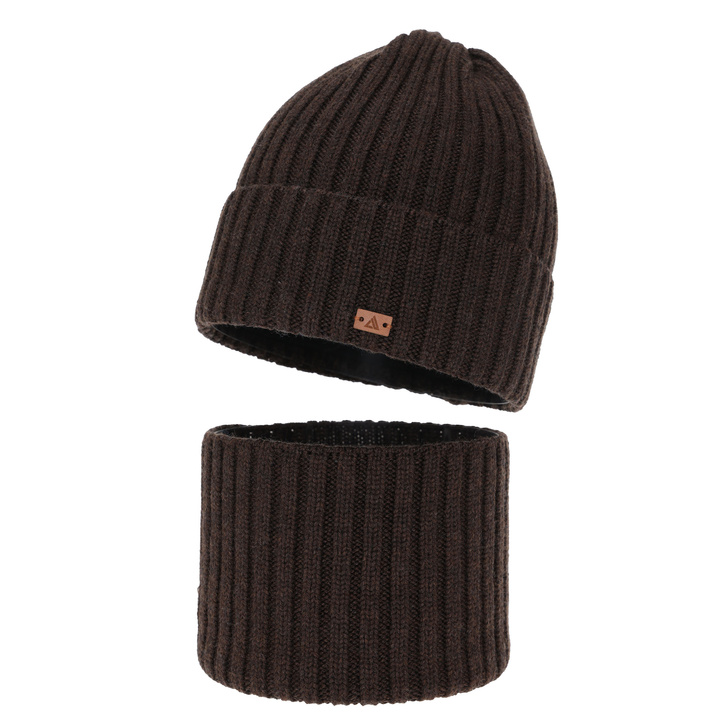 Boy's winter set: hat and tube scarf, brown, 100% merino wool, Umberto