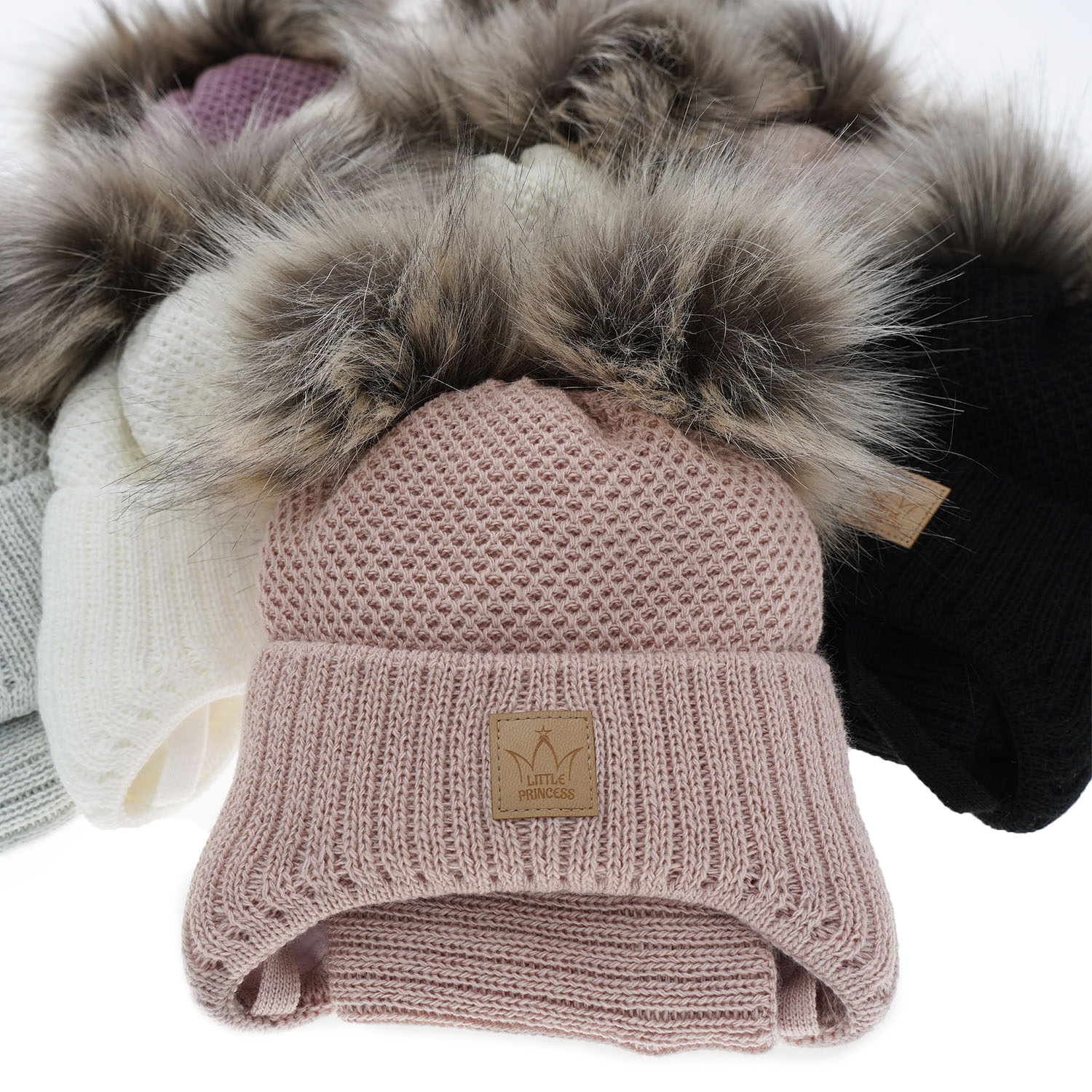 Girl's winter set: hat and tube scarf white Minsi with two pompom