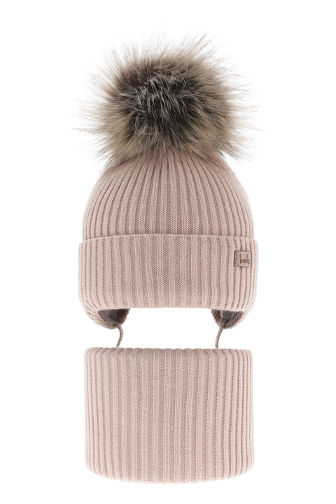 Girl's winter set: hat and tube scarf beige with pompom Bria