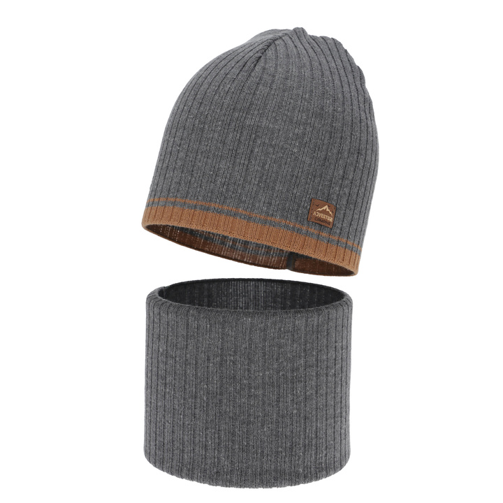 Boy's spring, autumn set: hat and tube scarf, grey, with cotton, Eirik