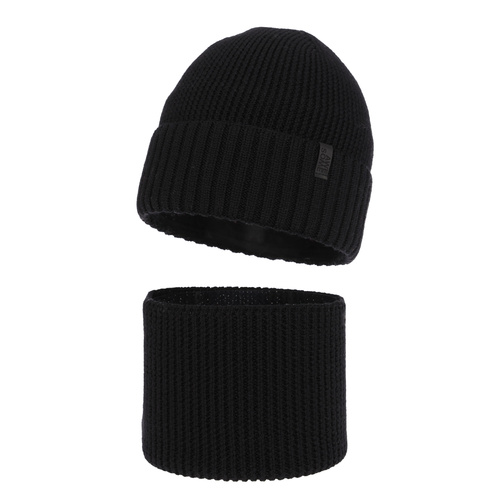 Boy's hat and tube scarf, winter set, 100% merino wool, with merino wool lining, black Harbin