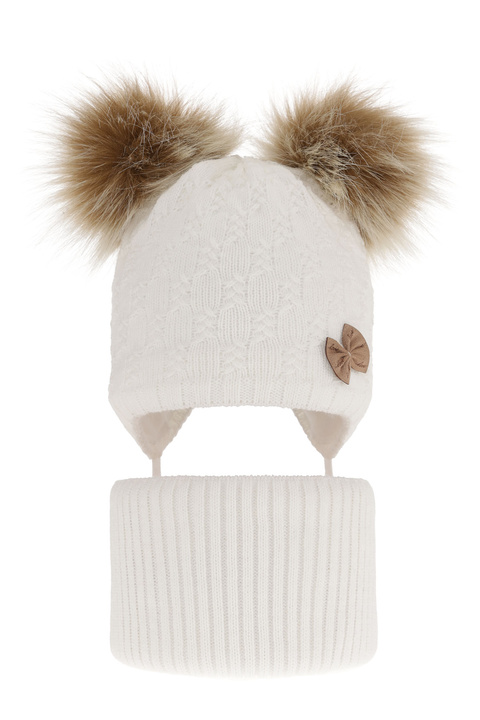 Girl's winter set: hat and tube scarf white with two pompoms Bettina