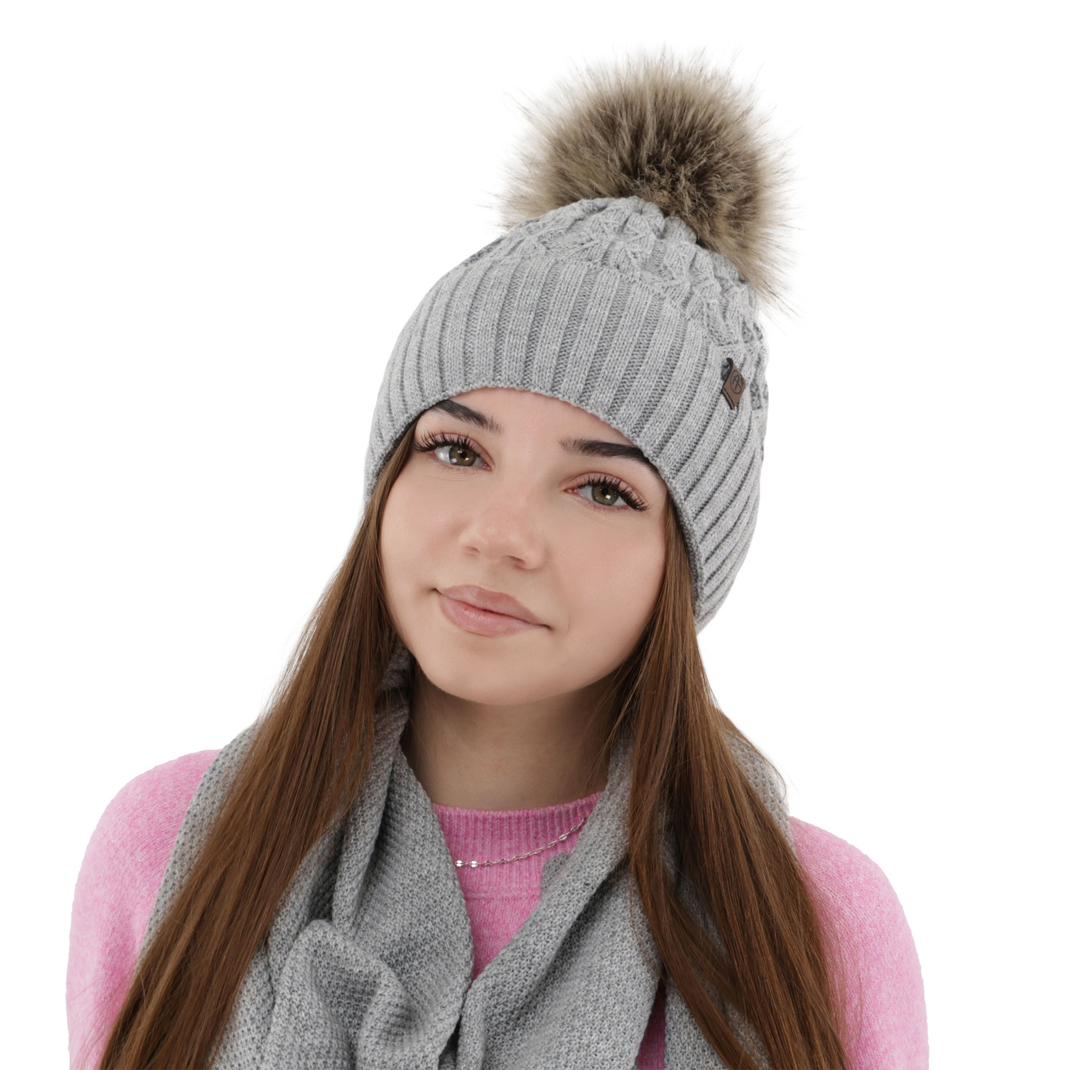 Woman's winter hat grey Katty with pompom