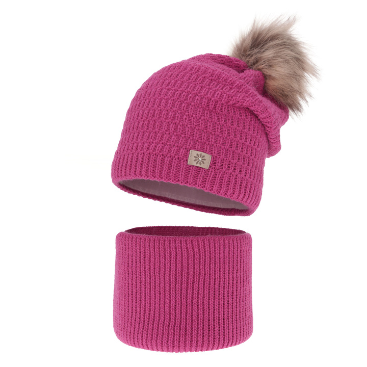 Girl's winter set: hat and tube scarf pink Germina with pompom