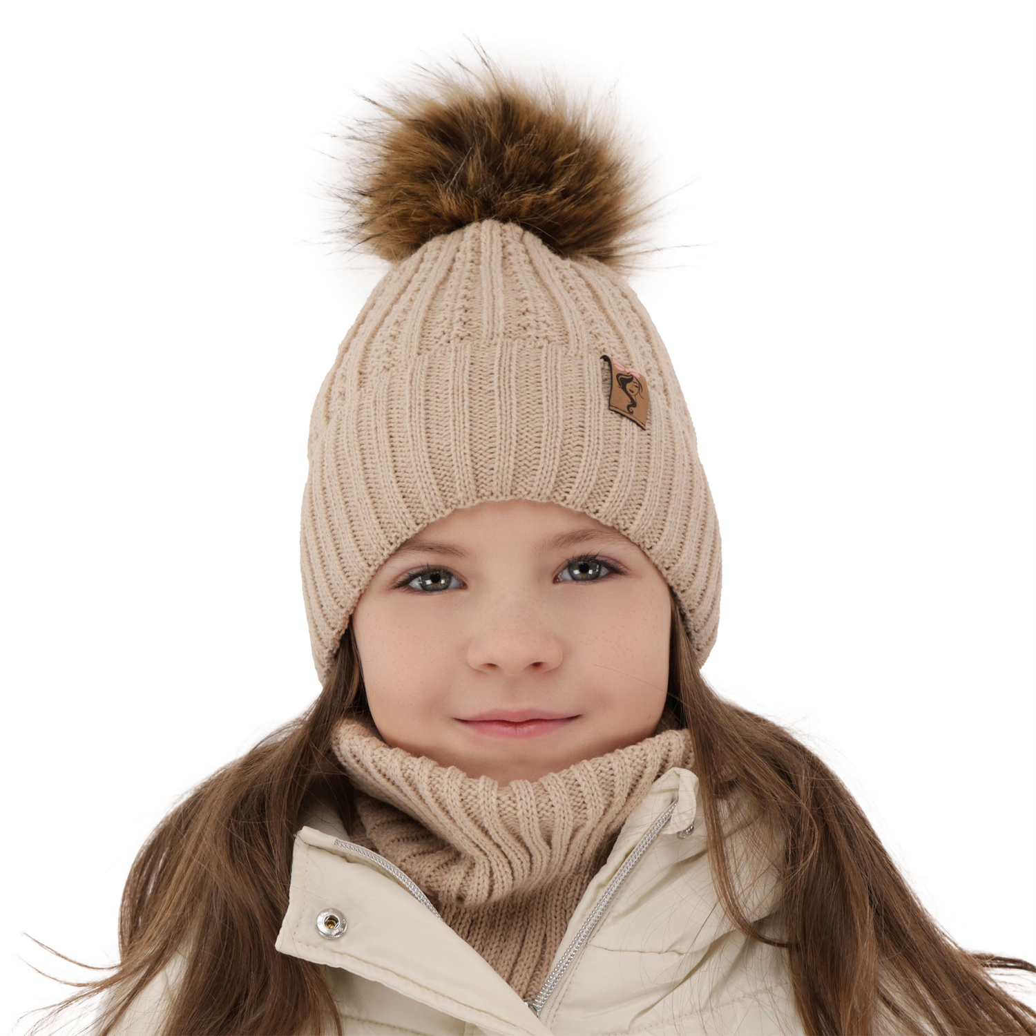 Girl's winter set: hat and tube scarf pink Larina with pompom