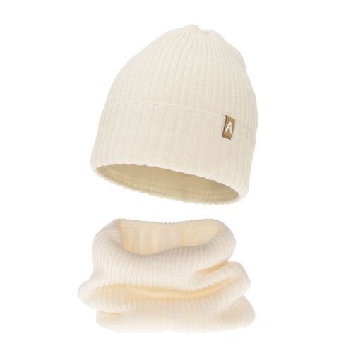 Girl's winter set: hat and tube scarf ecru merino wool Peggy