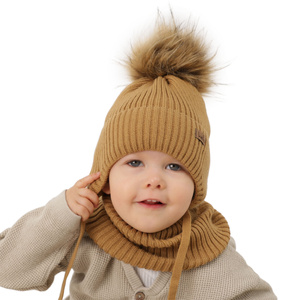Boy's winter set: hat and tube scarf beige Bergo with pompom