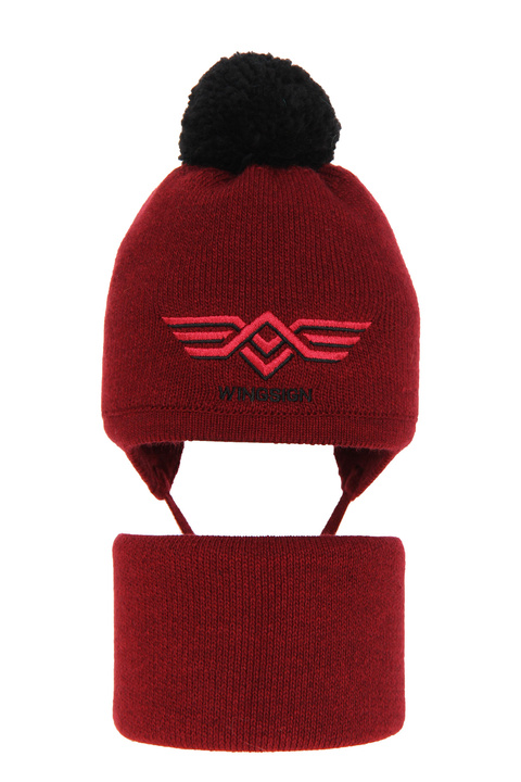 Boy's winter set: hat and tube scarf burgund Wings with pompom