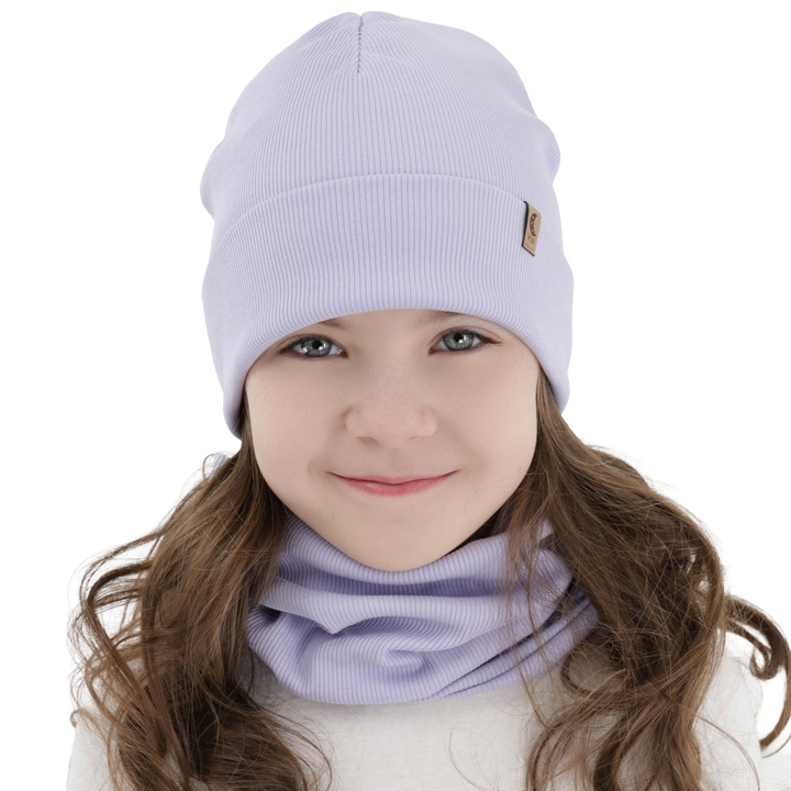 Girl's spring, autumn set: hat and tube scarf, purple, cotton, Bravura