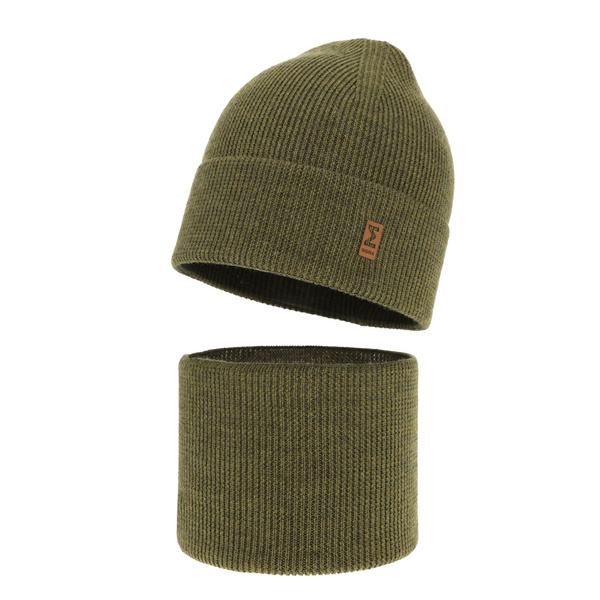 Boy's spring/ autumn set: hat and tube scarf khaki 100% extra finemerino wool Bruce