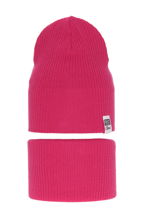 Girl's spring/ autumn set: hat and tube scarf, with cotton, pink Farinka