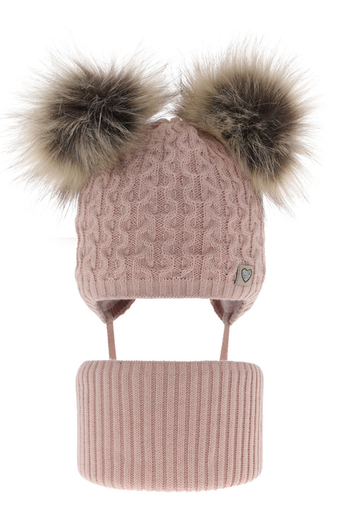 Girl's winter set: hat and tube scarf pink with two pompoms Poliana