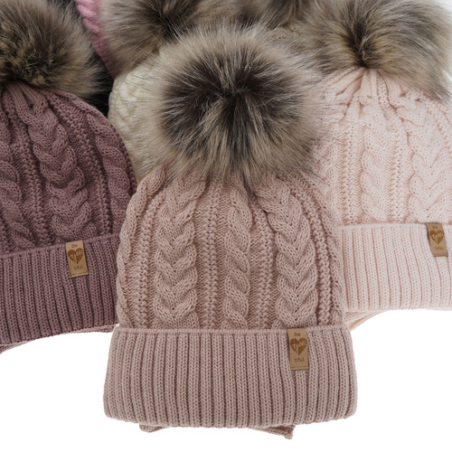 Girl's winter set: hat and tube scarf pink Yoshi with pompom