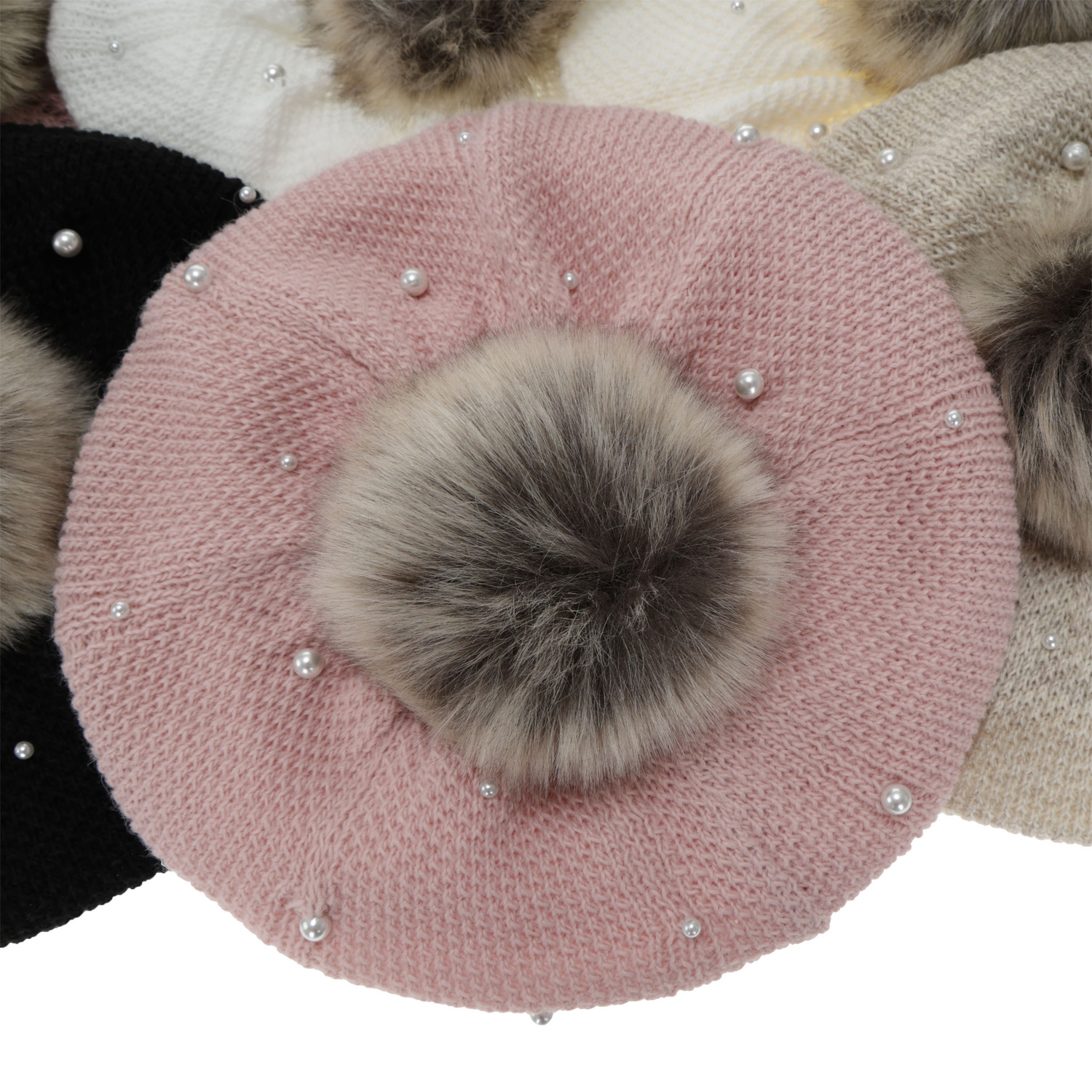 Girl's winter set: beret and tube scarf, beige, cotton lining, with pompom, Jeanette