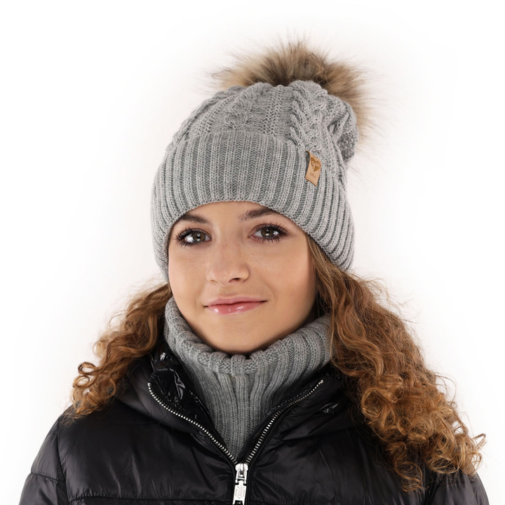 Girl's winter set: hat and tube scarf pink Yoshi with pompom