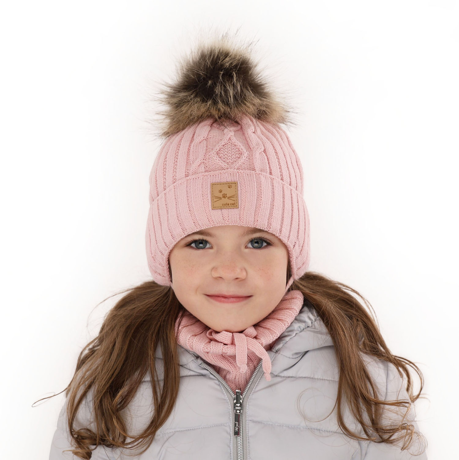 Girl's winter set: hat and tube scarf grey Aida with pompom