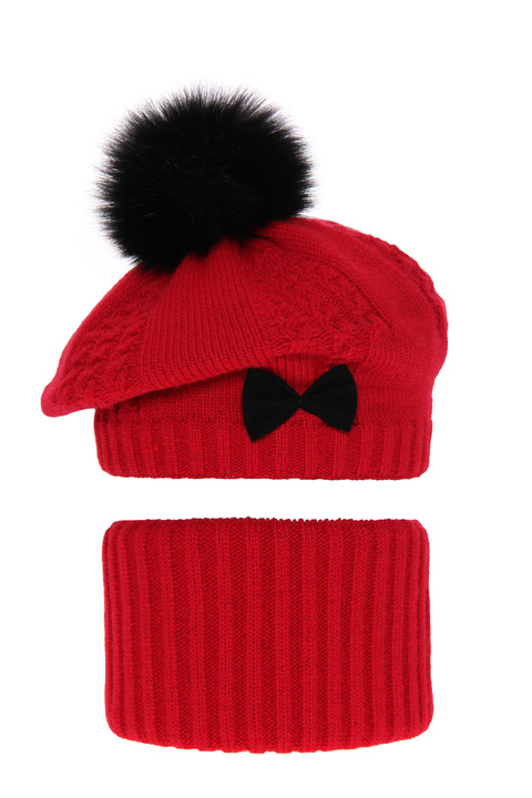 Girl's winter set: hat and tube scarf red Amora with pompom