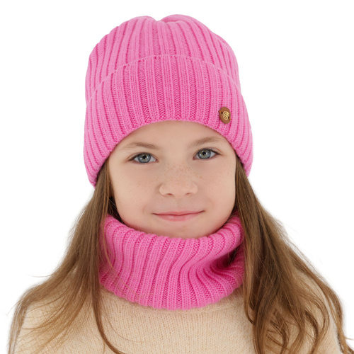 Girl's winter set: hat and tube scarf, pink, 100% merino wool, cotton lining, Vanira