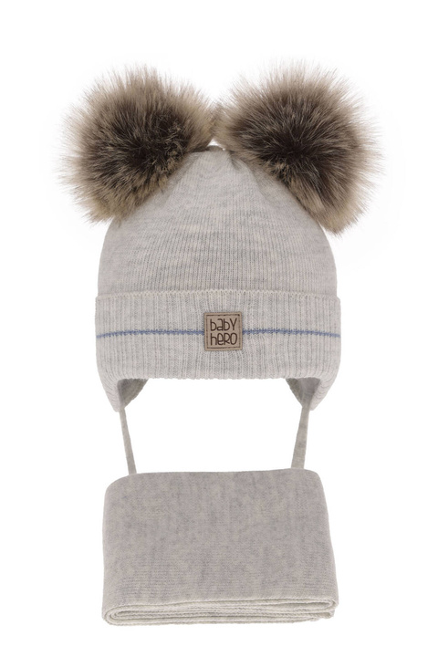 Boy's winter set: hat and scarf grey with two pompom Melon