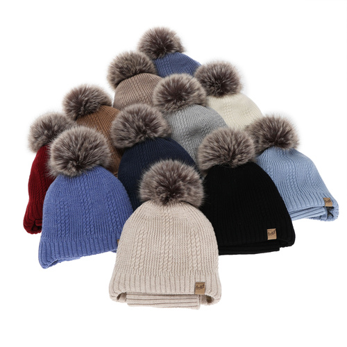 Boy's hat and tube scarf, winter set, beige, 100% merino wool, lined with wool fleece, with ties Danny