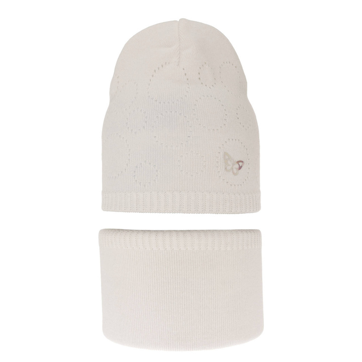 Girl's spring/ autumn set: hat and tube scarf, with cotton, ecru Amarilla