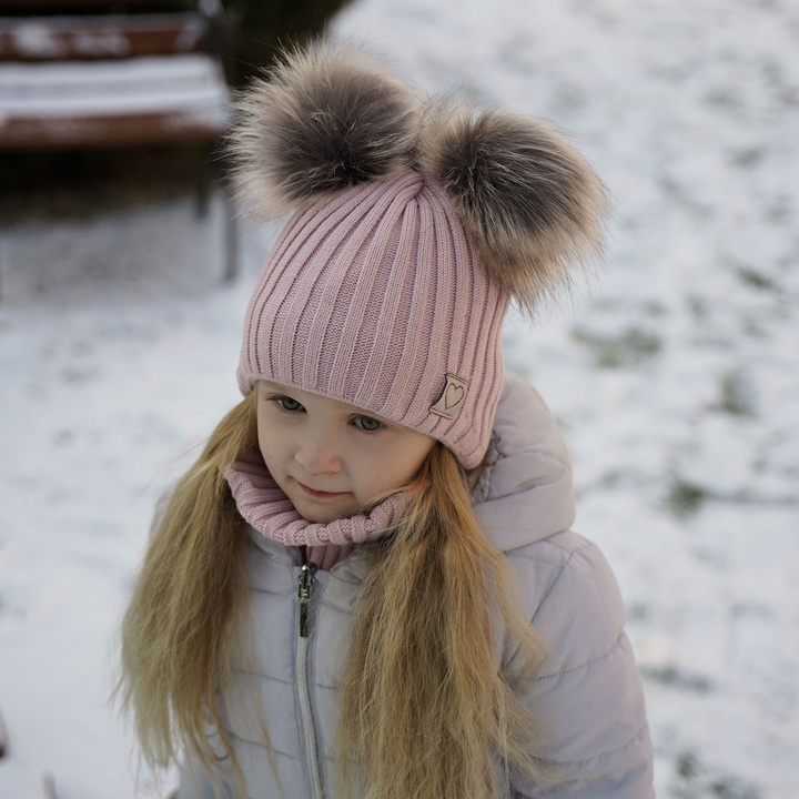Girl's winter set: hat and tube scarf pink Telisa with two pompom