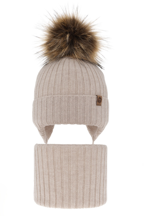 Boy's winter set: hat and tube scarf, beige, 100% extra fine merino wool Juno