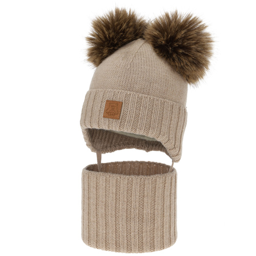Boy's hat and snood, winter set, beige, 100% merino wool, lined with wool fleece, Ronik
