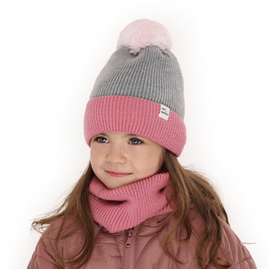 Girl's winter set: hat and tube scarf pink Rosalin with pompom