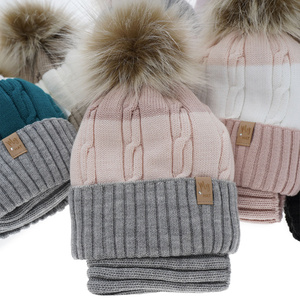 Girl's winter set: hat and tube scarf beige Karmelita with pompom