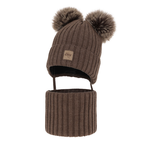 Boy's winter set: hat and tube scarf brown with two pompoms Orange