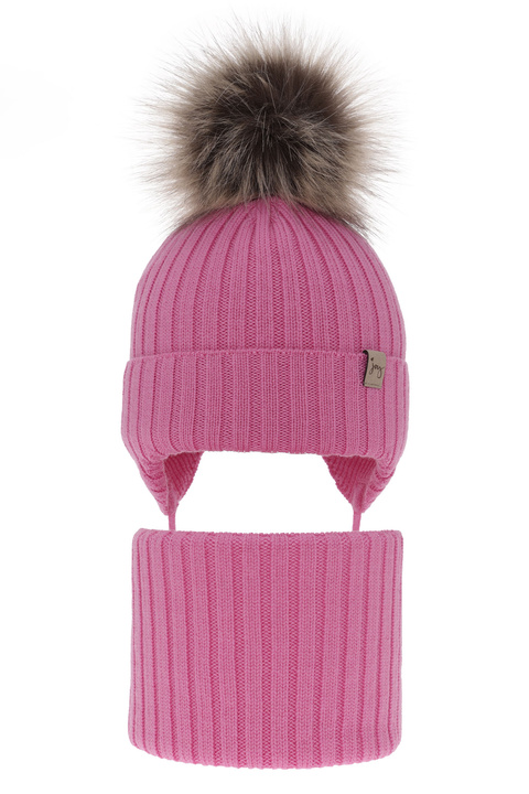 Girl's winter set: hat and tube scarf pink made of 100% extra fine merino wool Junika