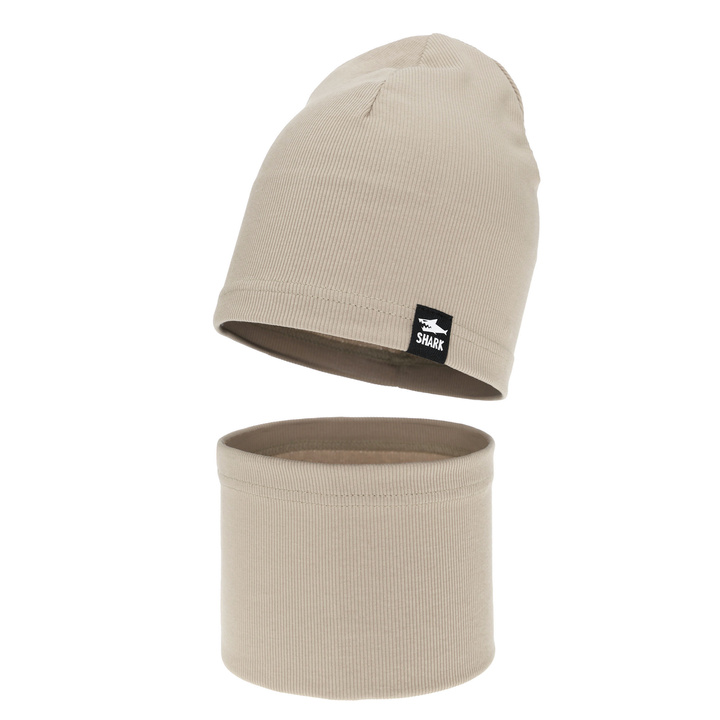 Boy's spring, autumn set: hat and tube scarf, beige, cotton, Rumel