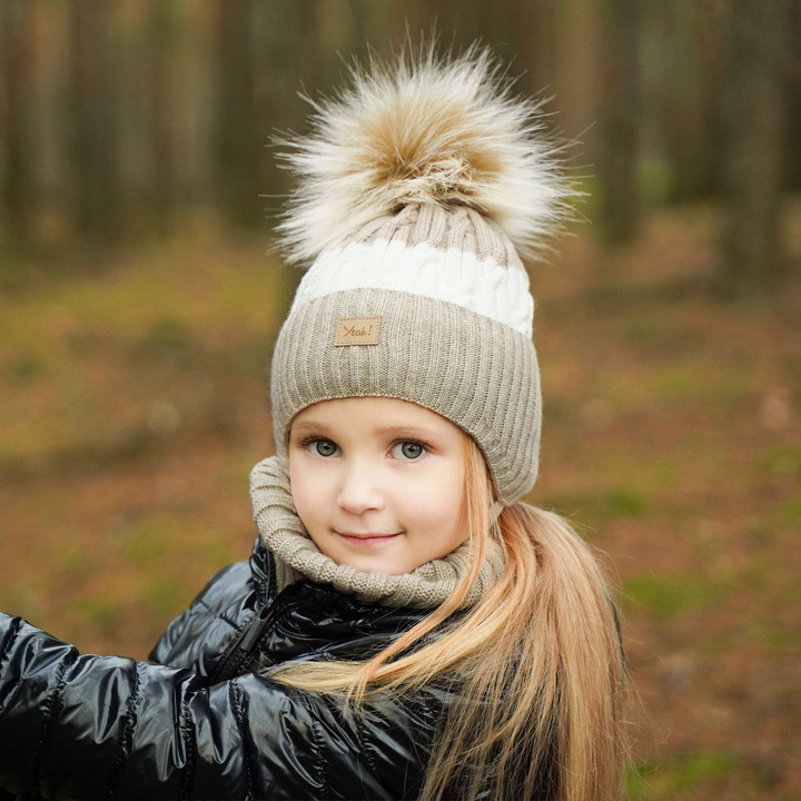 Girl's winter set: hat and tube scarf beige Riviera with pompom
