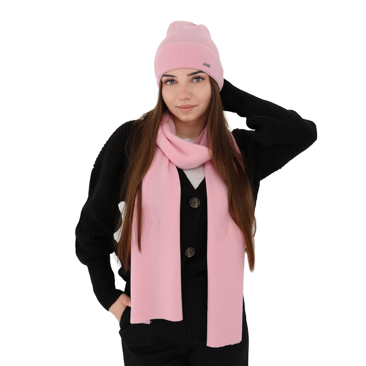 Women's spring and winter set: hat and scarf pink 100% extra fine merino wool Melpomena