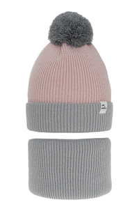 Girl's winter set: hat and tube scarf grey Rosalin with pompom