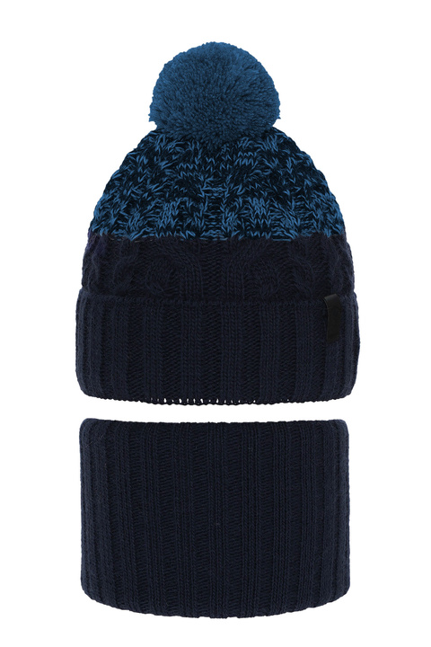 Boy's winter set: hat and tube scarf navy blue Travis with pompom