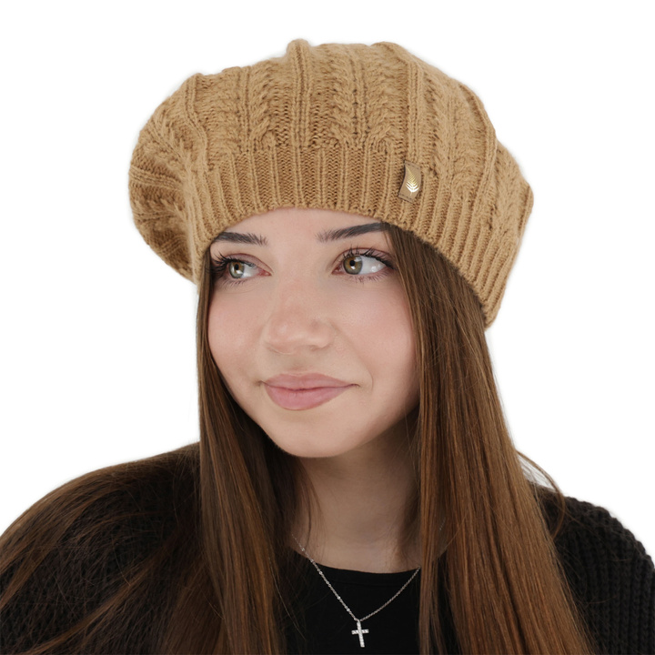 Woman's winter beret, camel, with merino wool, Senja