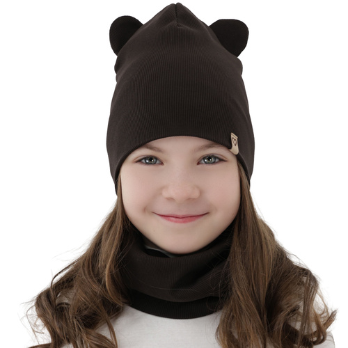 Girl's spring, autumn set: hat and tube scarf, dark brown, cotton, Luminia