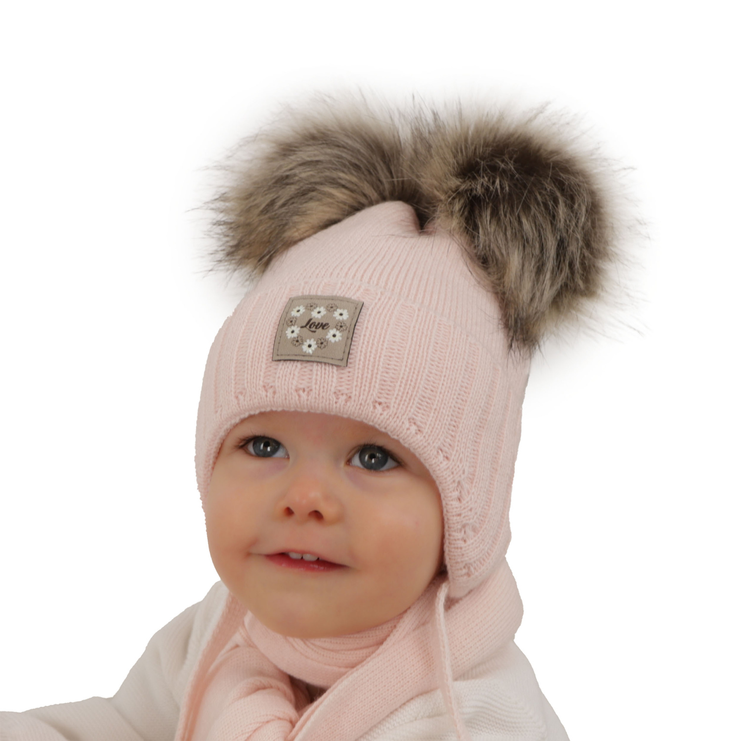 Girls winter set: hat and scarf white with two pompoms Jazz
